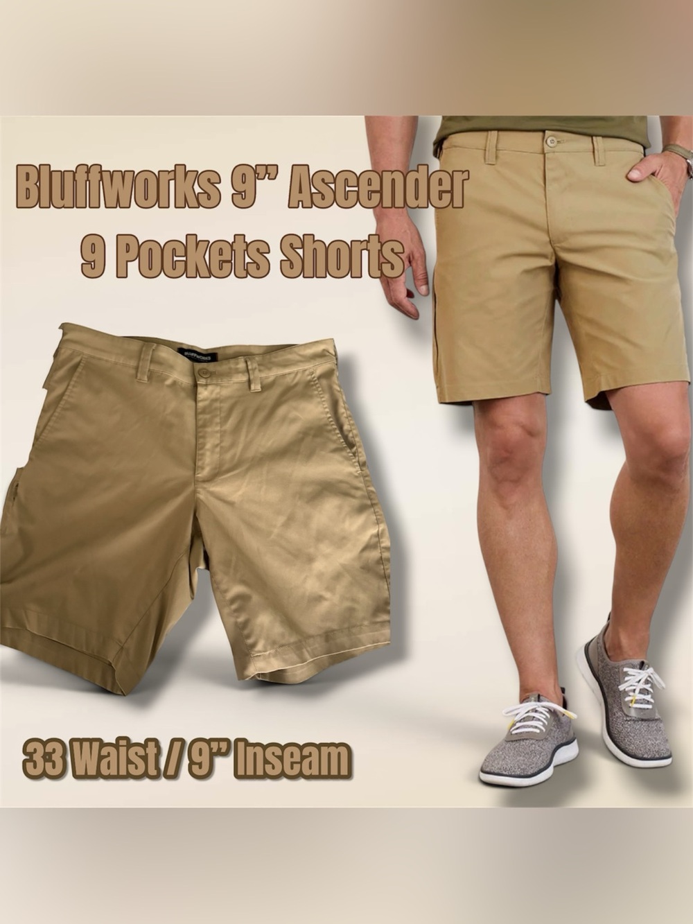 Bluffworks Men’s 9” Ascender 9 Pockets Shorts, Size 33 Waist, (Desert Khaki) in